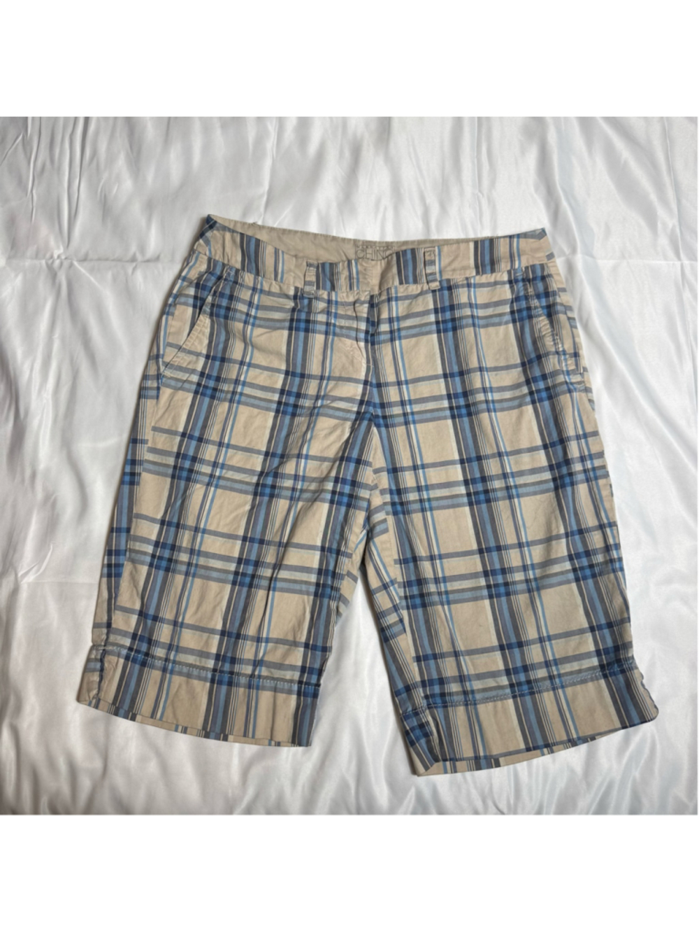 Women's New York & Company Plaid Bermuda Shorts Beige Blue Size 6